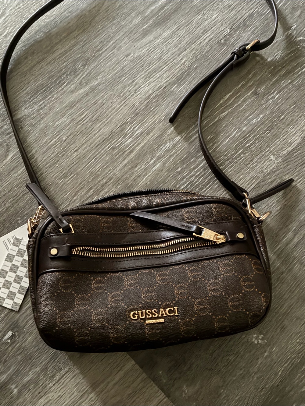 GUSSACI Brown Monogram Crossbody with Gold Hardware